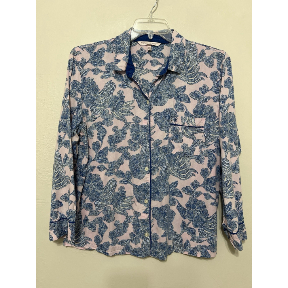 Victoria Secret Pink Blue Floral PJ Shirt‎ Full Button Pocket Medium